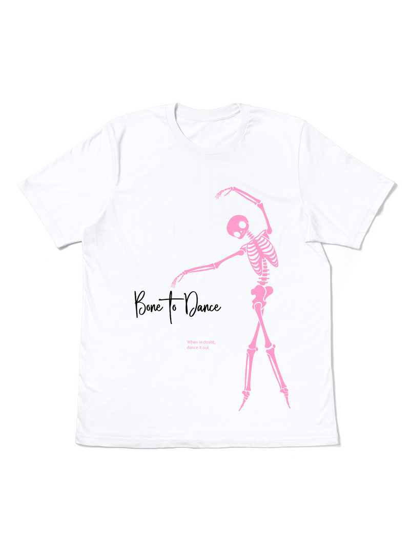 Bone to Dance Graphic T-Shirt – Pink Skeleton Vibes for Dance Lovers