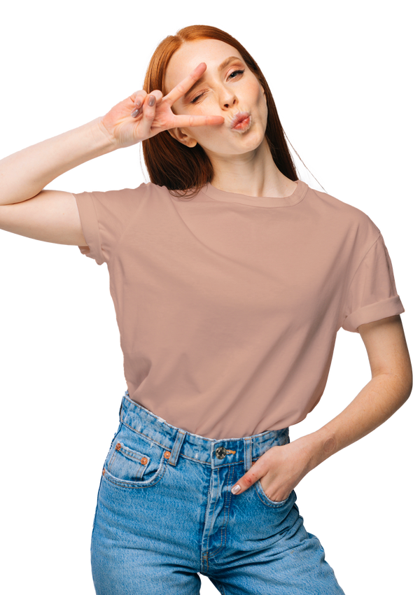 Women in a short sleeve crew neck airlume cotton original boyfriend t-shirt  from the Perfect TShirt Co in peach