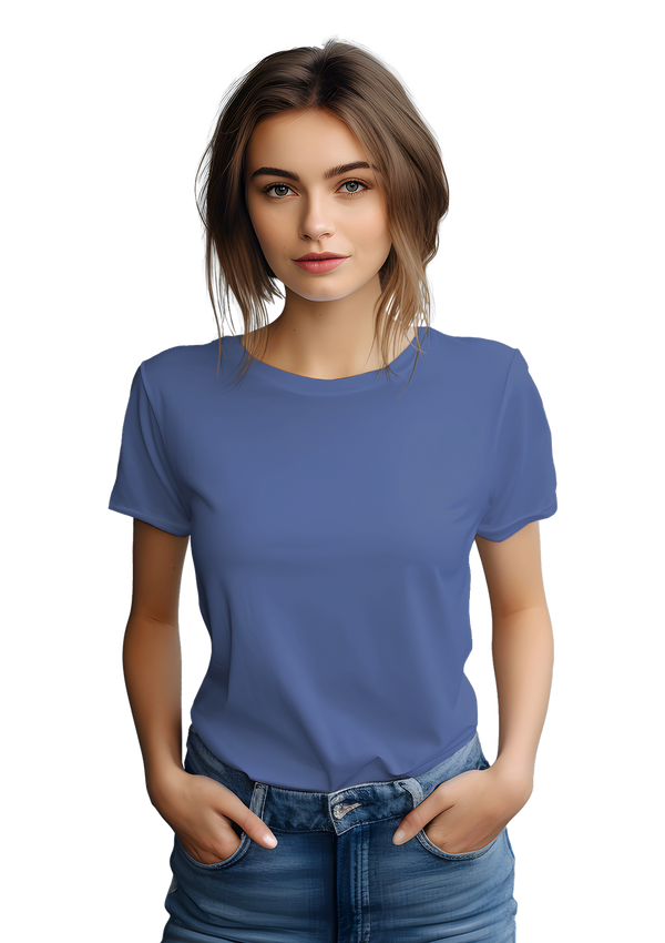 young girl in a boyfriend style cut t-shirt in Columbia blue from the perfect tshirt co.