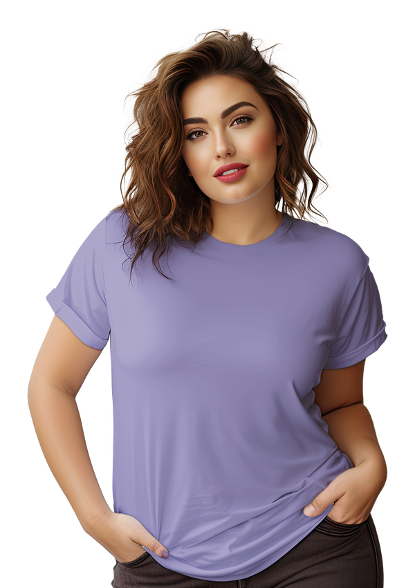 larger size girl in a Dark Lavender Short Sleeve Crew Neck Cotton T-Shirt from Perfect TShirt Co.
