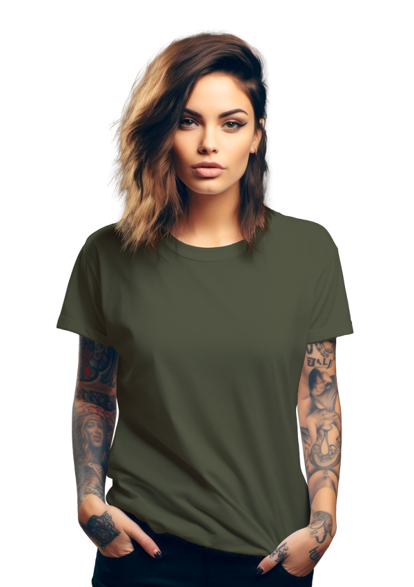 women in a short sleeve crew neck military green t-shirt from Perfect TShirt Co.