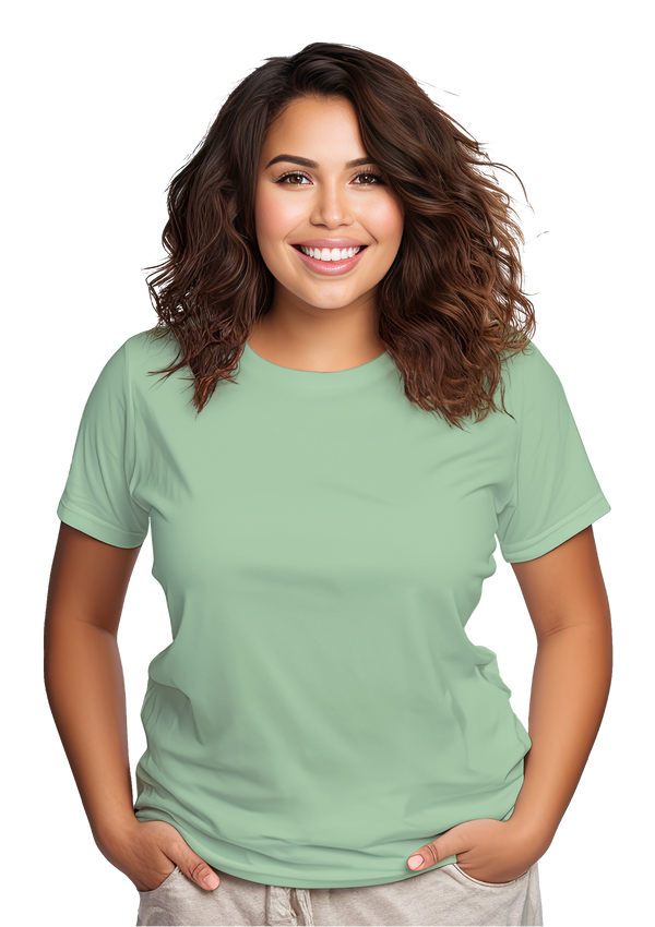 women in a short sleeve crew neck airlume cotton mint t-shirt from the Perfect TShirt Co. n the Original Boyfriend Style Fit
