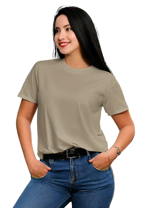 women in a short sleeve crew neck original boyfriend t-shirt in dust tan from the Perfect TShirt Co.