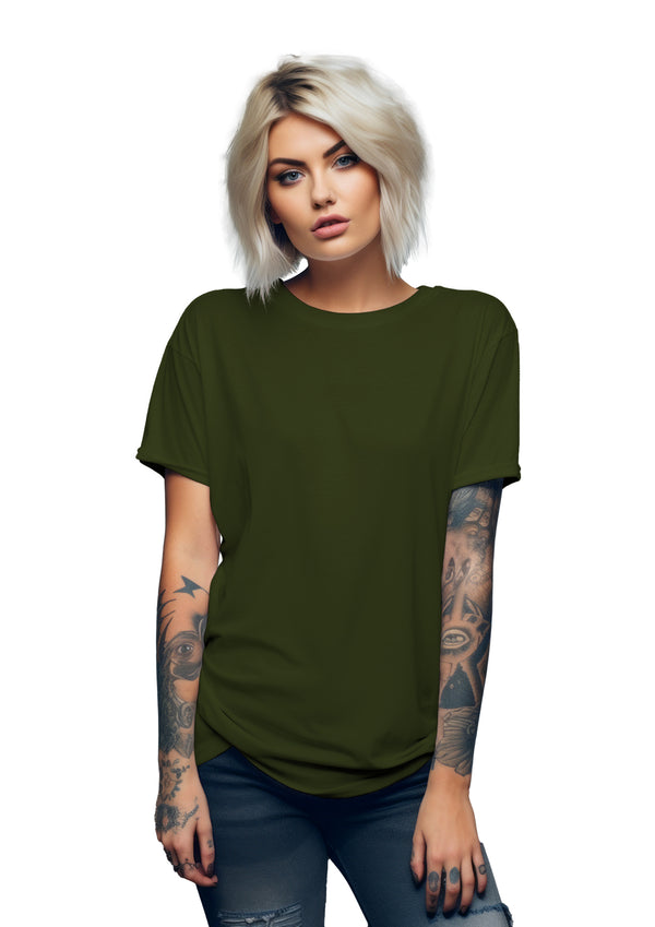Women modelling a boyfriend style t-shirt in olive green from the perfect tshirt co.