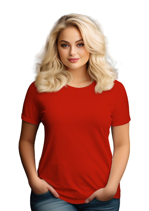 women sporting a short sleeve crew neck t-shirt in red from the Perfect TShirt Co in their Original Boyfriend Fit