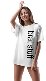 girl wearing a white oversize brat stuff t-shirt