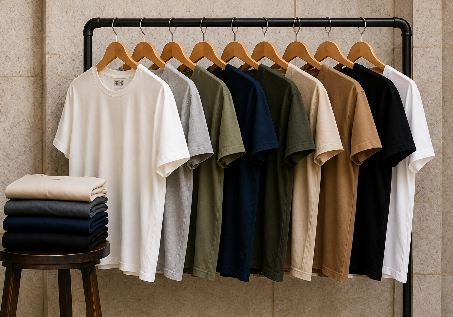 A set of plain short-sleeve crewneck t-shirts in multiple colors (white, gray, olive green, navy, beige, brown, black) hanging on wooden hangers from a black metal clothing rack, with a stack of folded t-shirts on a wooden stool in the foreground.