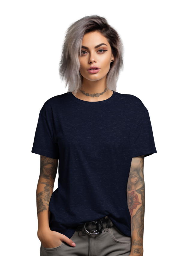 Model wearing a short sleeve crew neck navy heather relax fit t-shirt from the Perfect TShirt Co