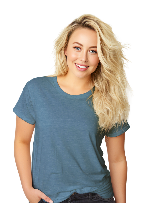 blond hair woman wearing a short sleeve crew neck relax fit heather t-shirt in Slate Blue from the Pe4rfect TShirt Co.