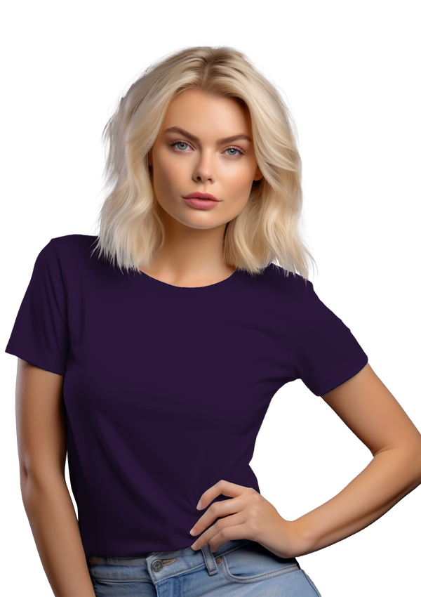 model in a cosmic purple short sleeve crew neck slim fit t-shirt