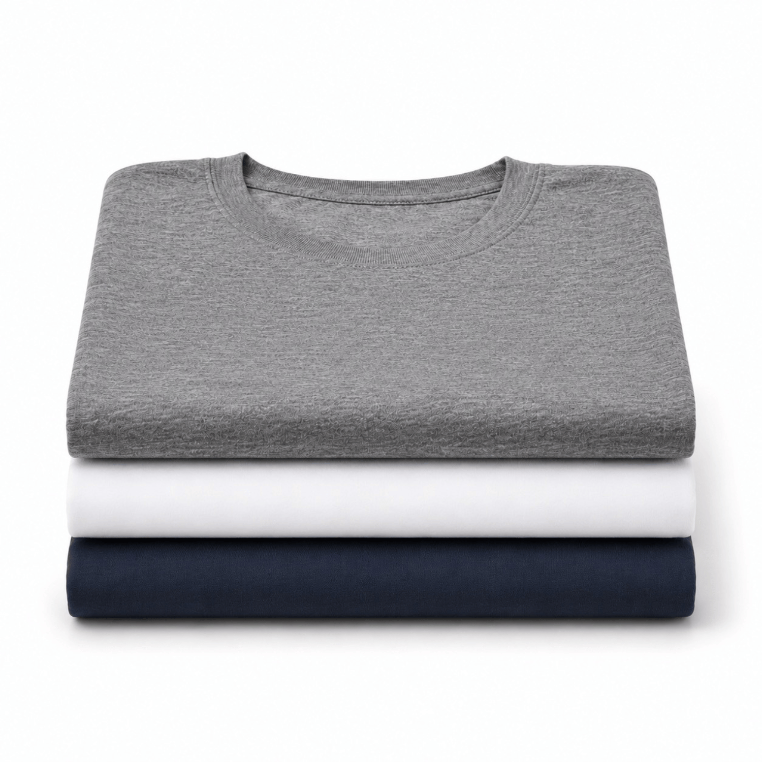 Three folded crewneck t-shirts stacked vertically on a white background, in heather gray, white, and navy blue.