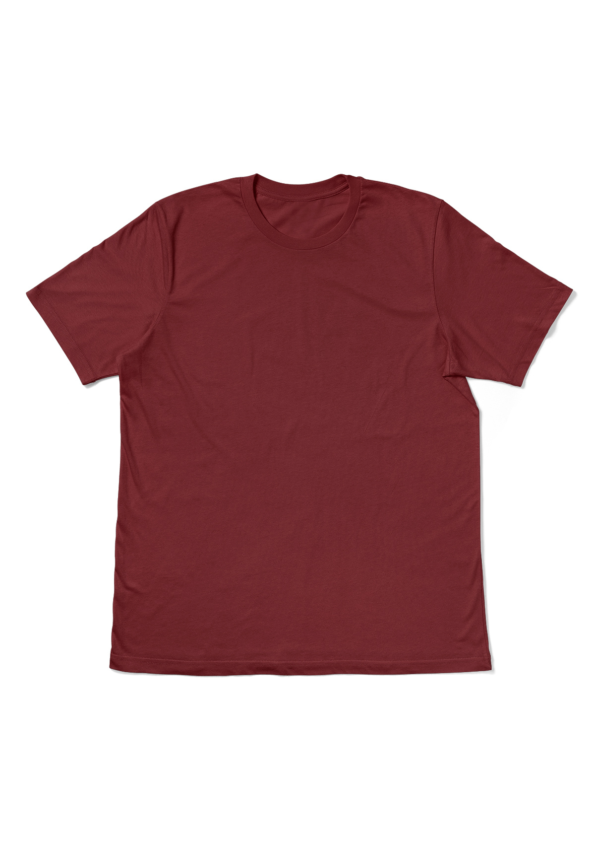 A plain short-sleeve crewneck t-shirt in a deep burgundy red, laid flat against a solid white background.