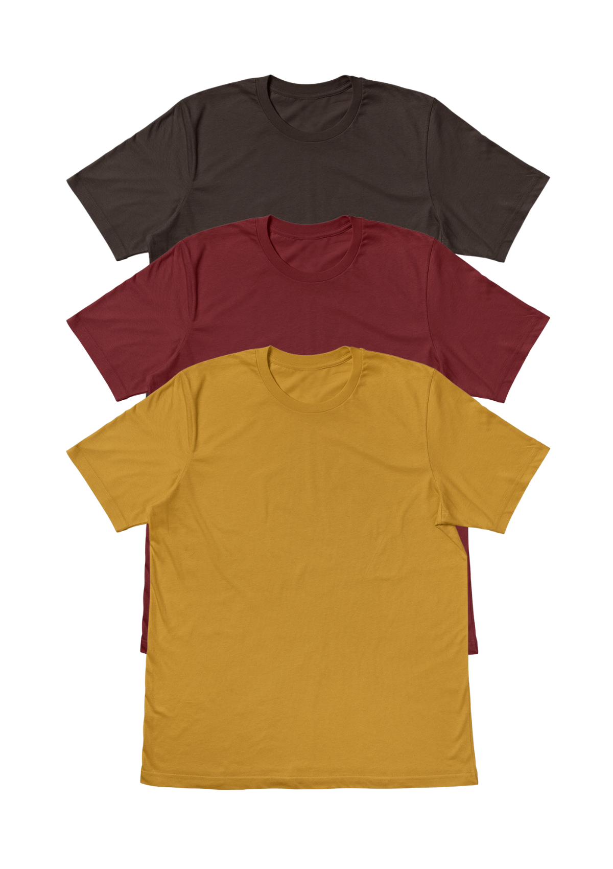 Three short-sleeve crewneck t-shirts stacked in a vertical arrangement on a white background, in dark brown, burgundy, and mustard yellow.