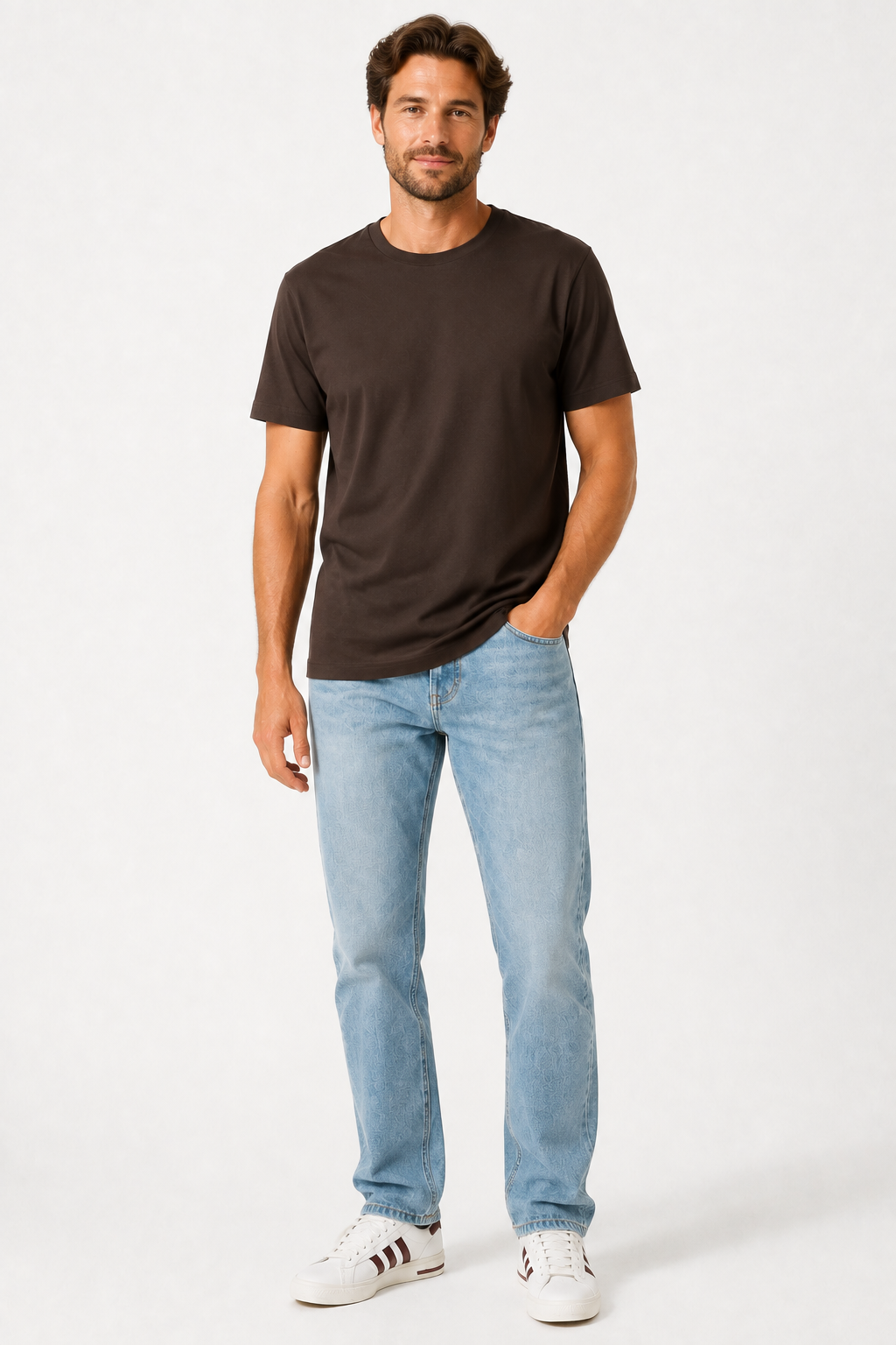 A man modeling a dark brown short-sleeve crewneck t-shirt, paired with light blue jeans and white sneakers, standing against a plain white studio background.