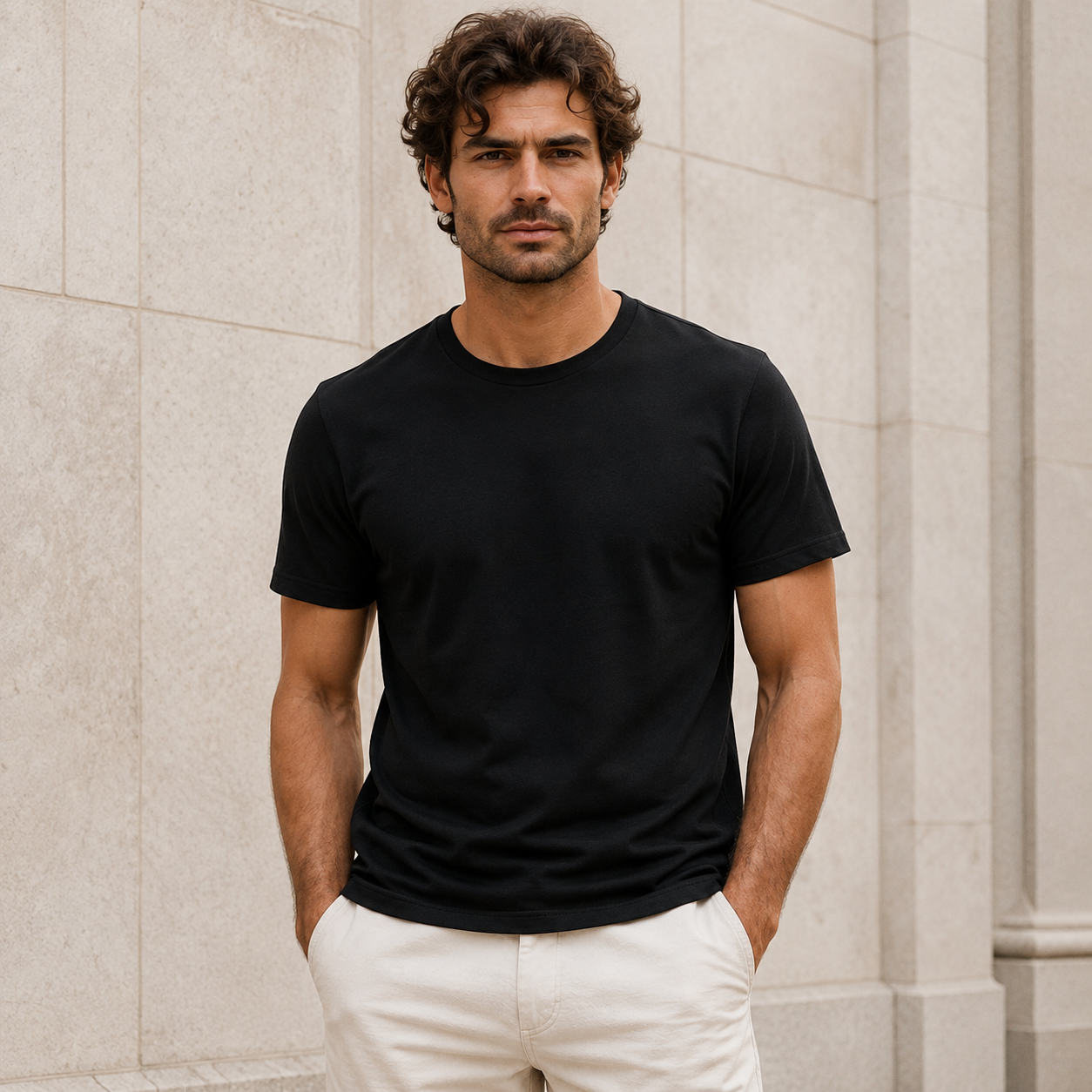 A man wearing a solid black short-sleeve crewneck t-shirt and off-white trousers, standing against a light beige stone wall.