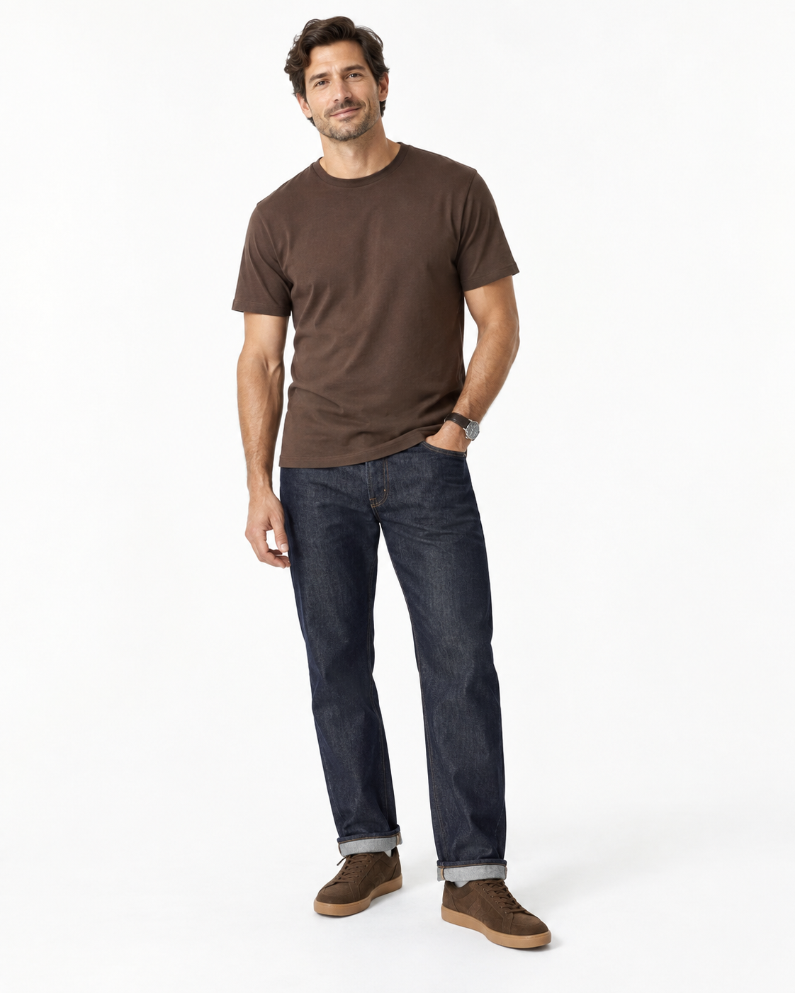 mens-espresso-brown-t-shirt-with-denim-pants-lifestyle-image