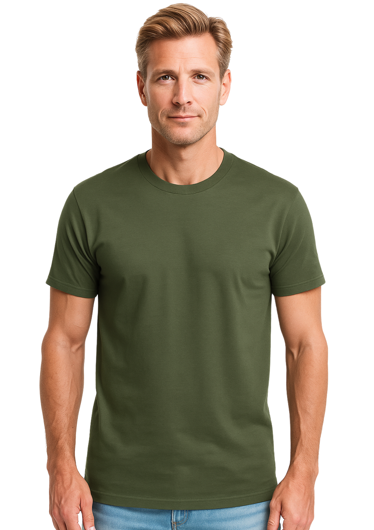 male model wearing a military green tshirt front view