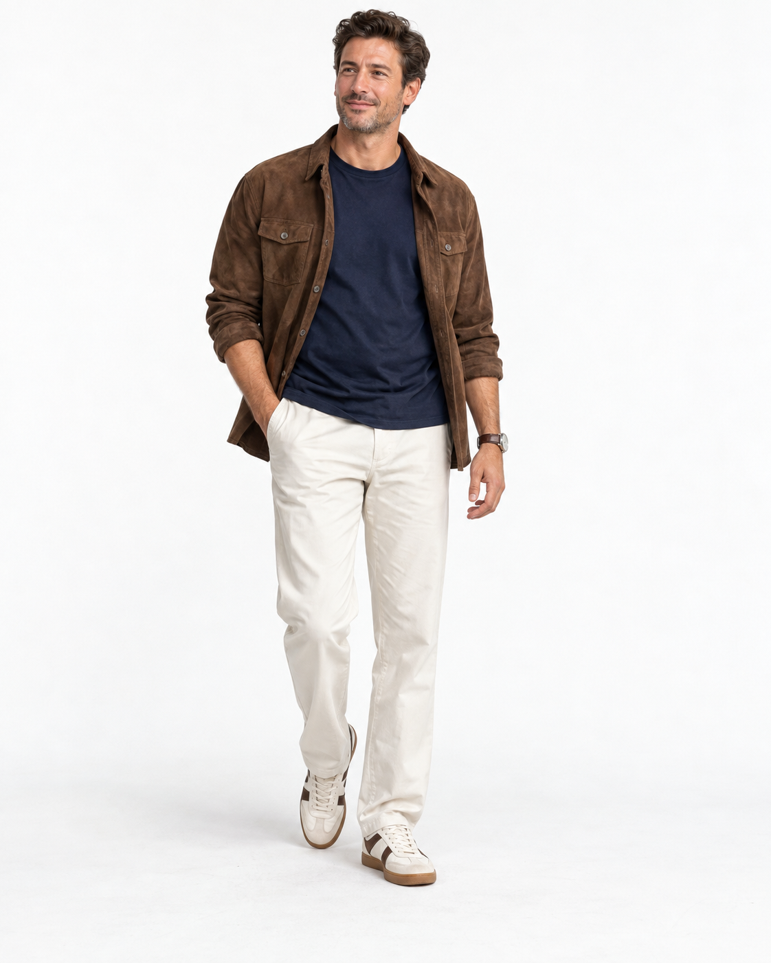 mens-navy-t-shirt-with-cream-pants-and-brown-jacket-lifestyle-image