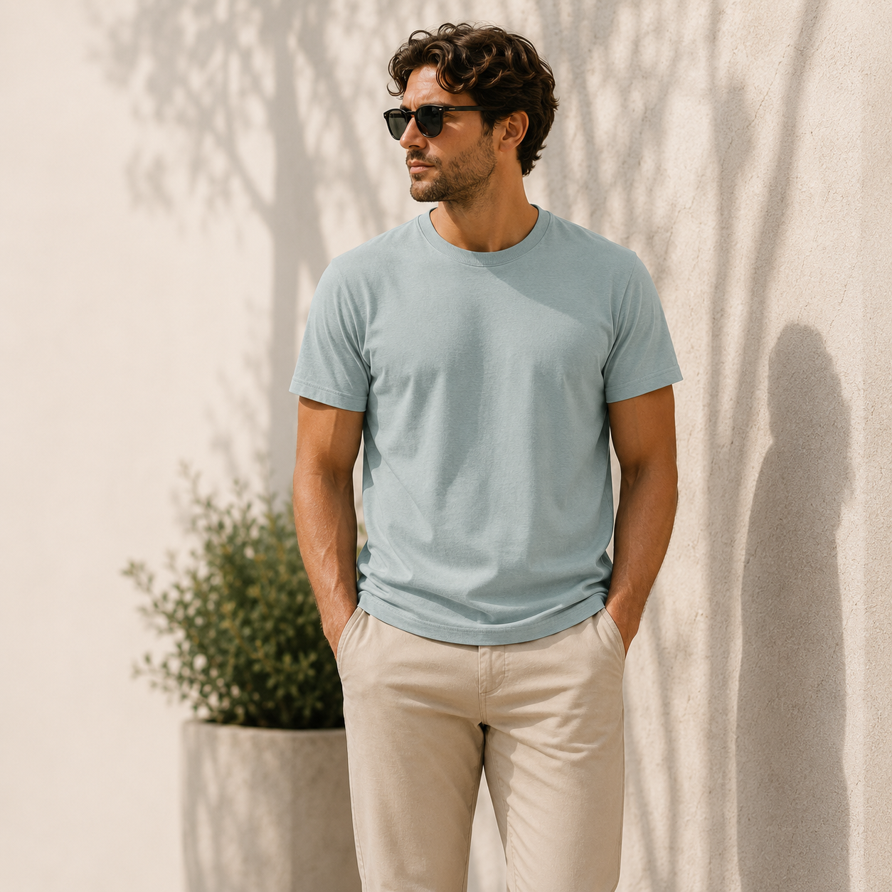 mens sea glass blue classic fit t-shirt short sleeve crew neck airlume cotton lifestyle image view.