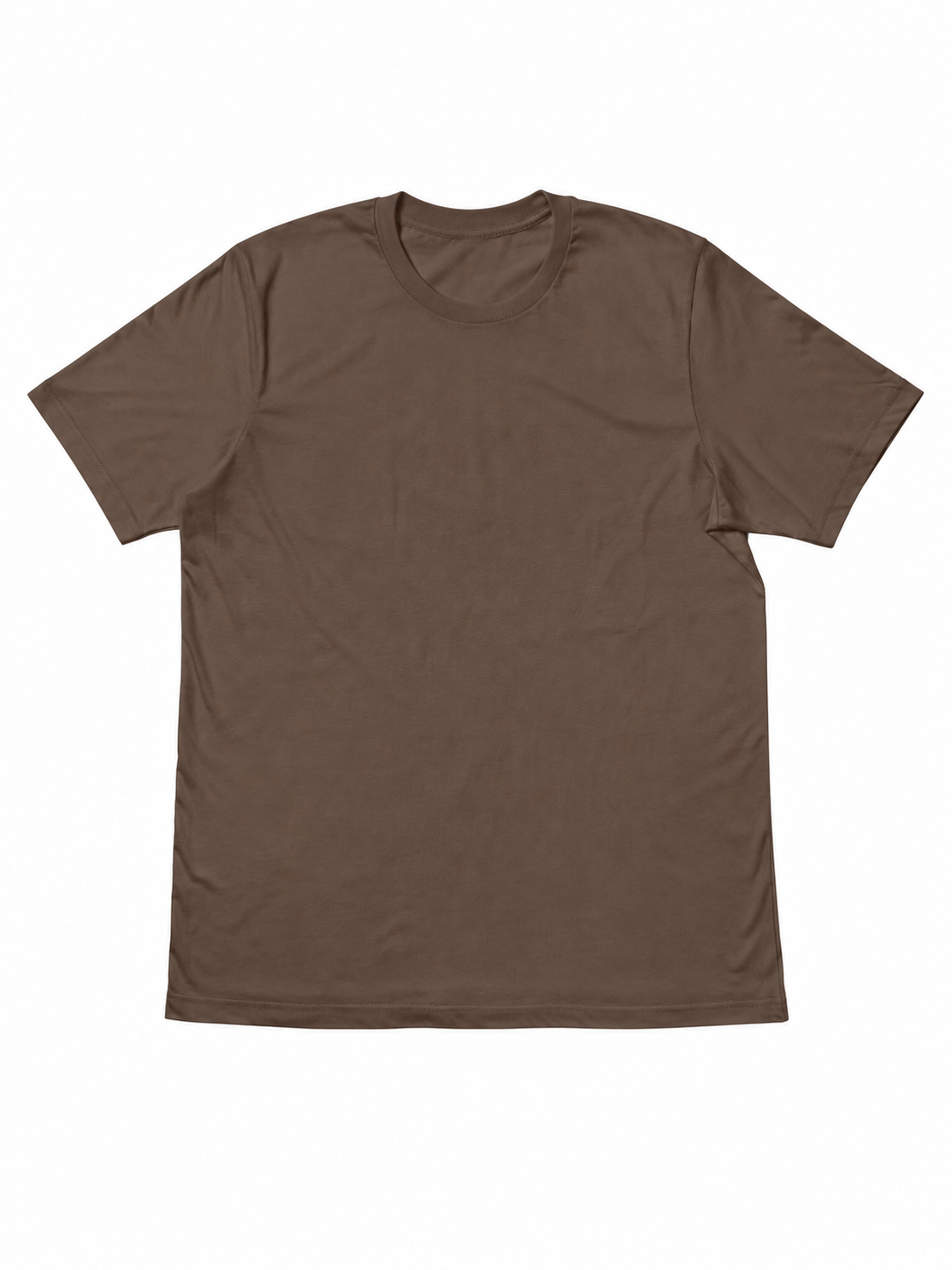 A plain brown short-sleeve crewneck t-shirt laid flat against a solid white background.