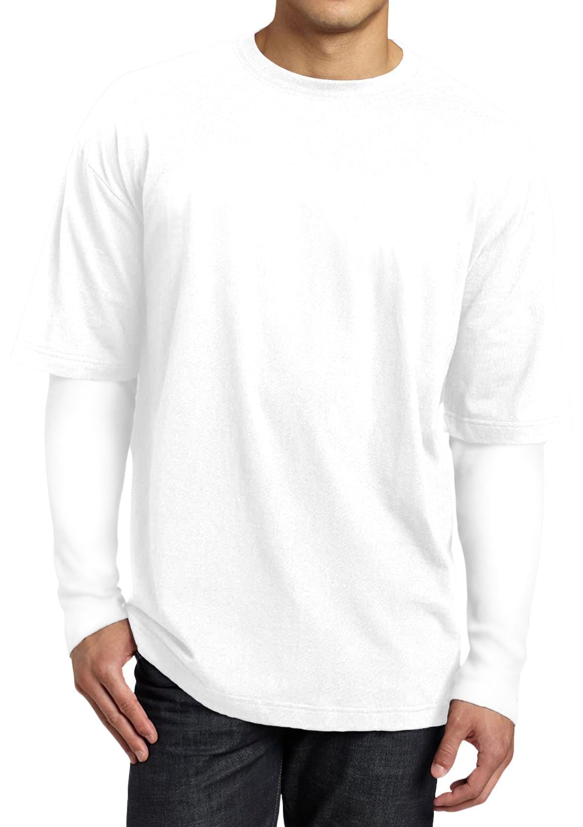model wearing a layered t-shirt look long sleeve and short sleeve over top 