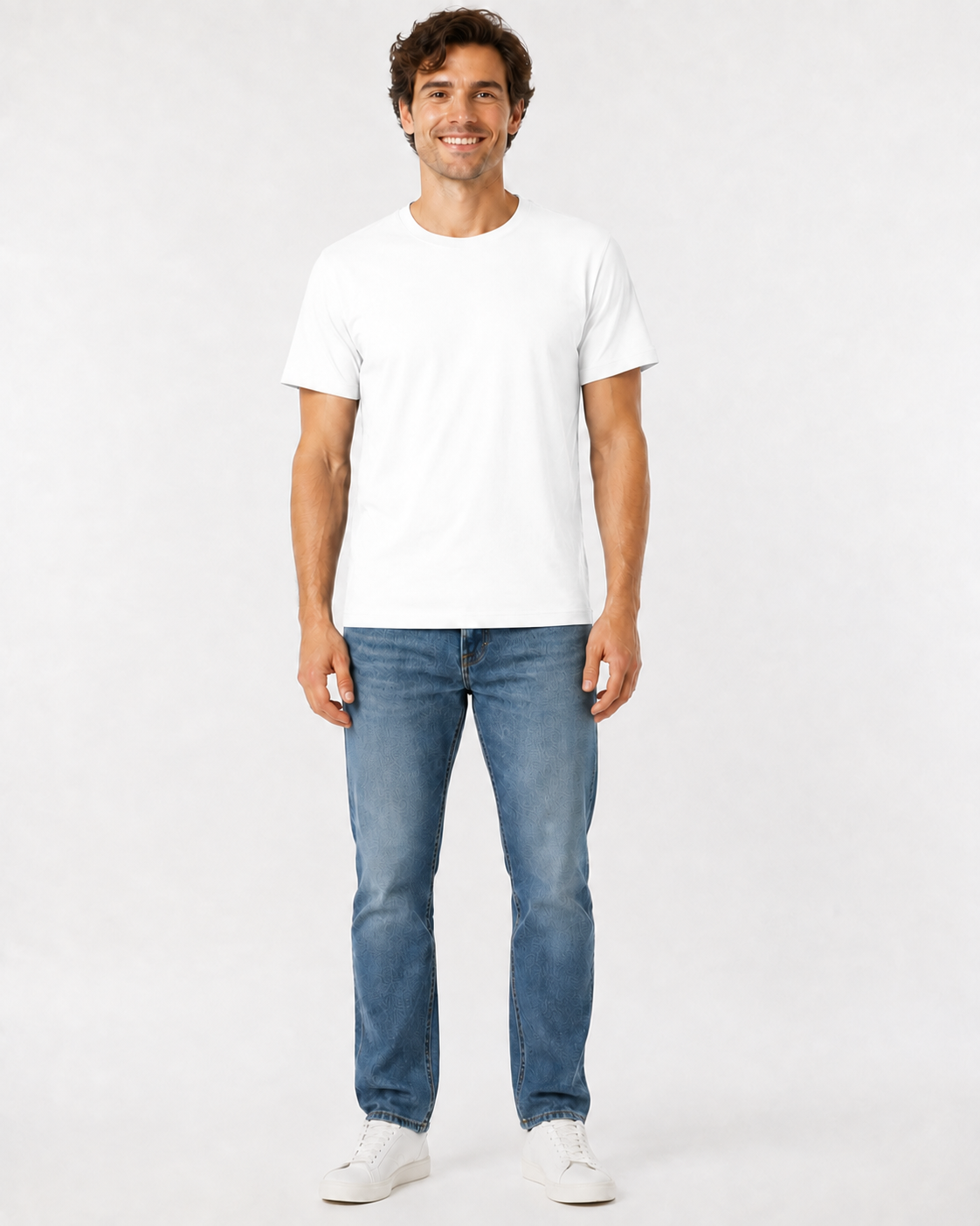 men's white t-shirt and blue jeans and whtite sneakers on a white background