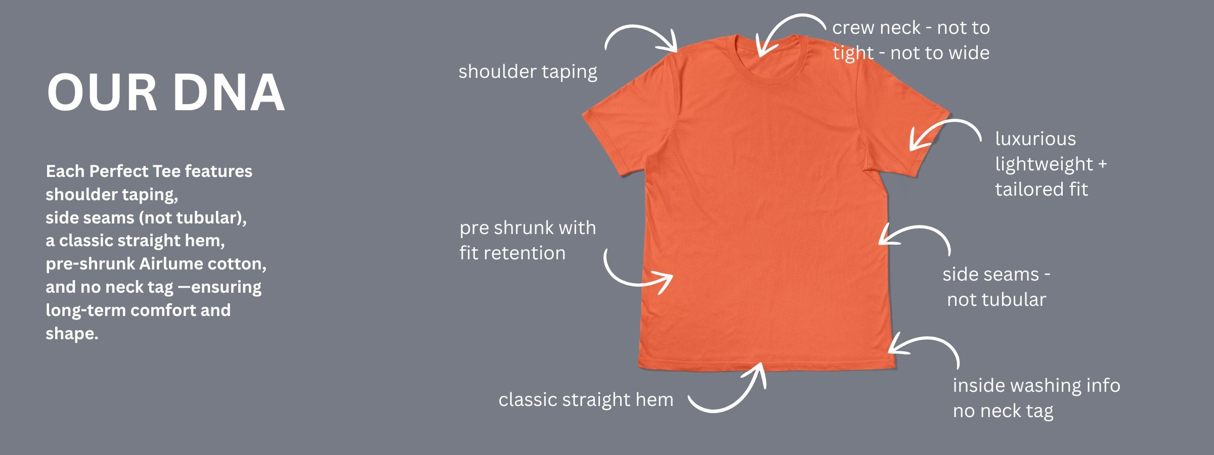 each perfect tee features shoulder taping, side seams (not tubular), a classic straight hem, pre-shrunk airlume cotton and no neck tag - ensuring long-term comfort and shape