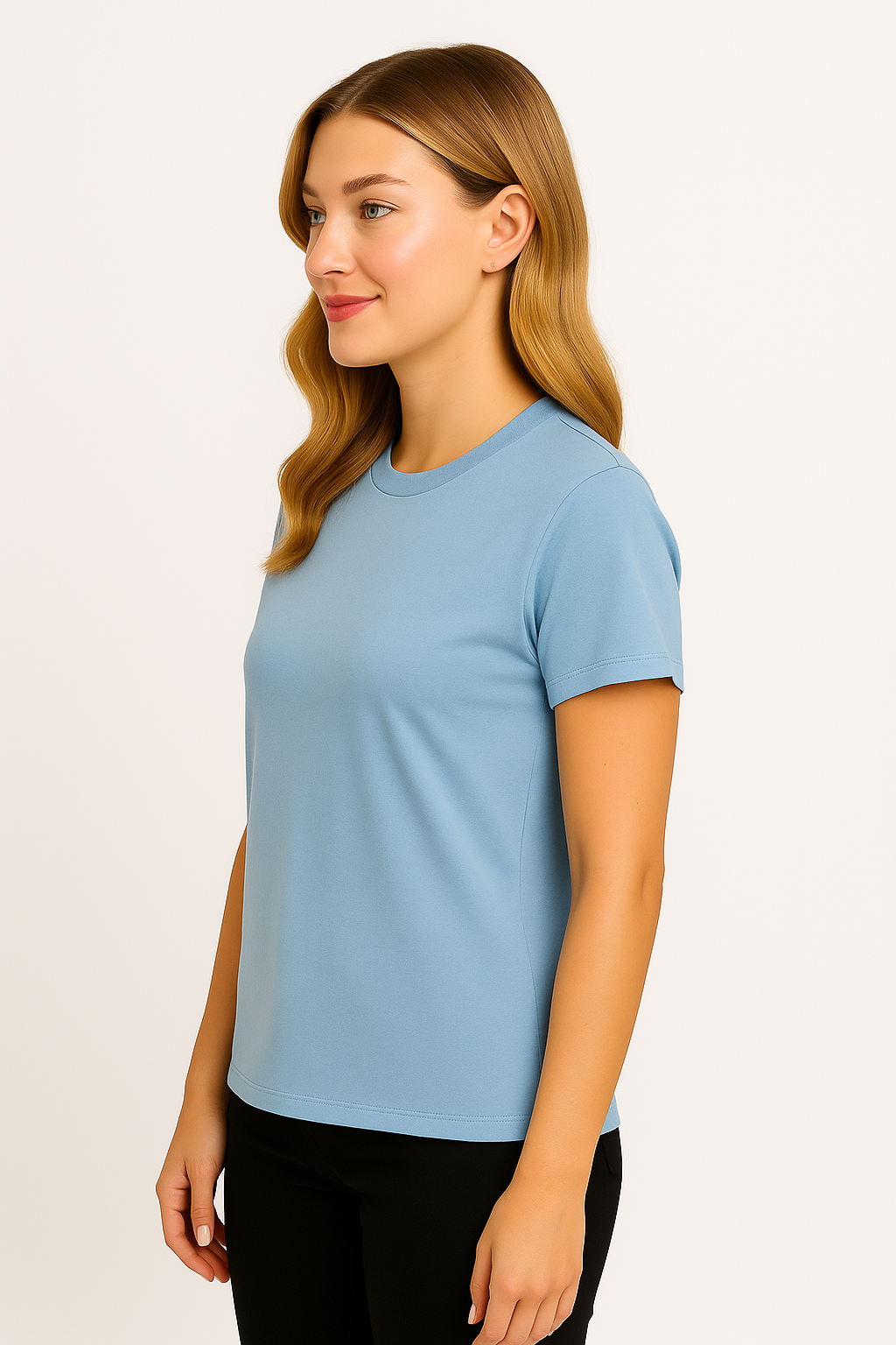 women wearing the baby blue t-shirt side view