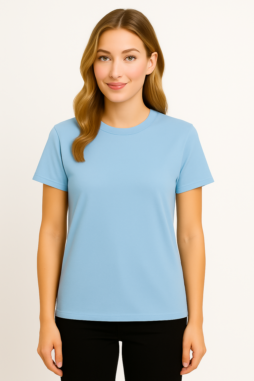 women wearing a baby blue, short sleeve, crew neck t-shirt front view