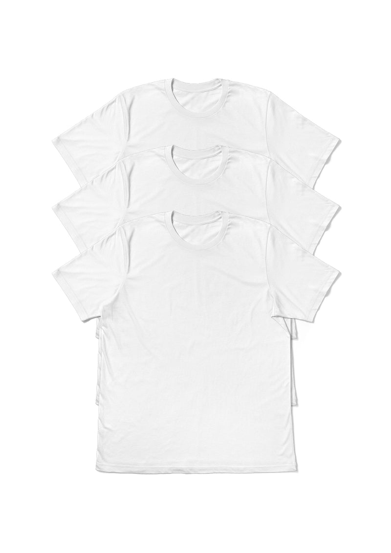 image of a 3 pack t-shirt bundle of unisex white  short sleeve crew neck t-shirts