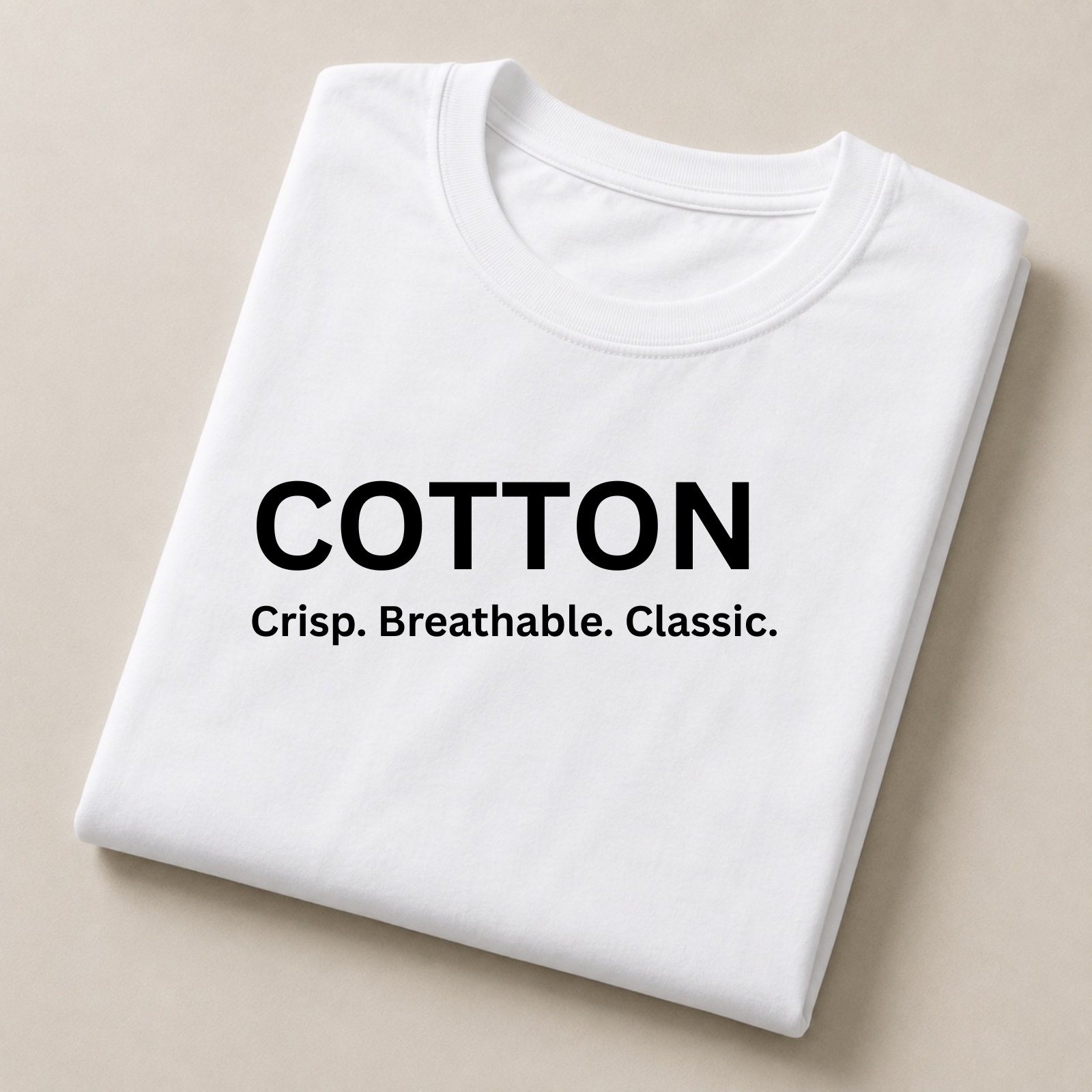A folded white cotton T-shirt with black printed text reading 'COTTON' and the tagline 'Crisp. Breathable.
