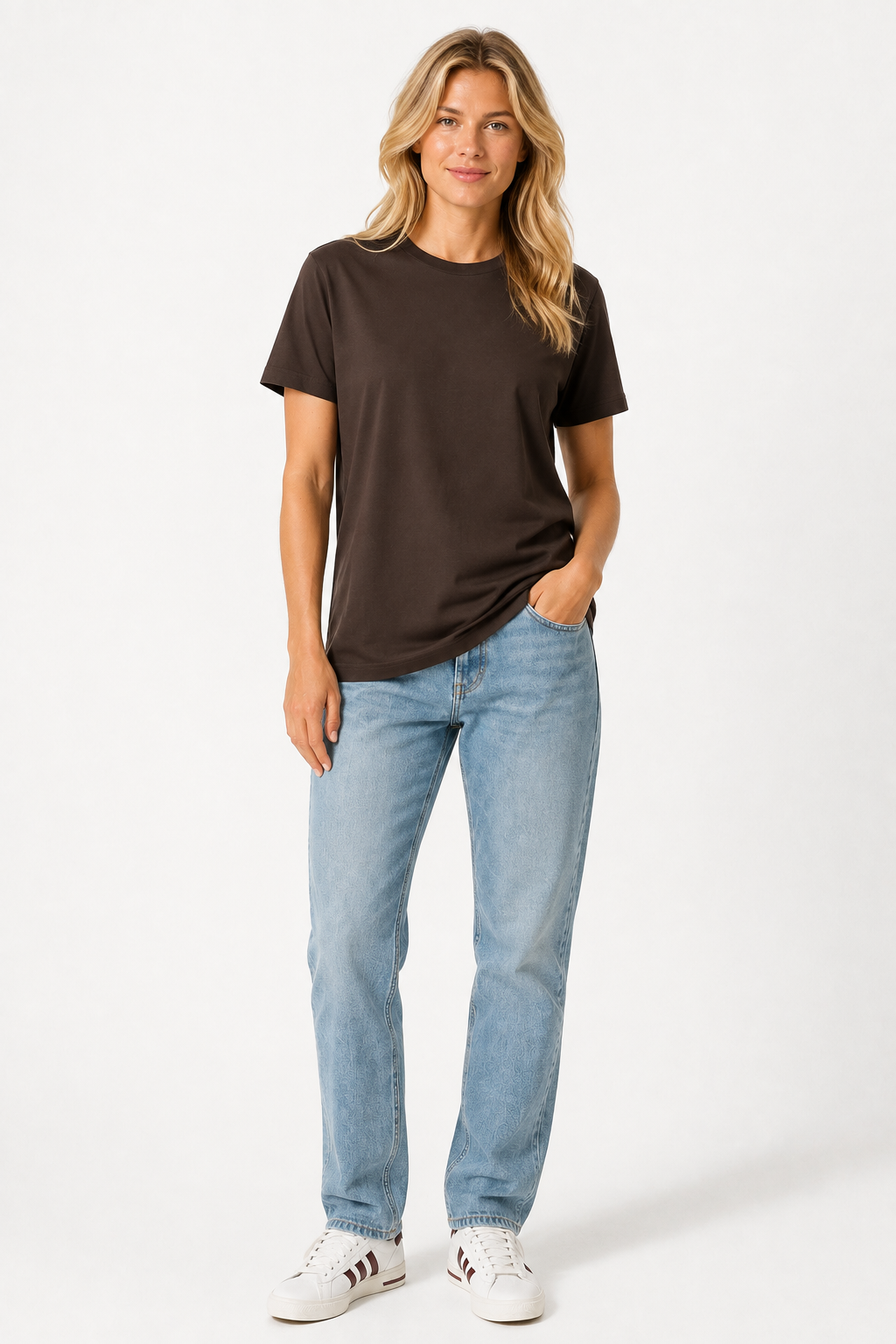 A woman modeling a dark brown short-sleeve crewneck t-shirt, paired with light-wash blue jeans and white sneakers, standing against a plain white studio background.