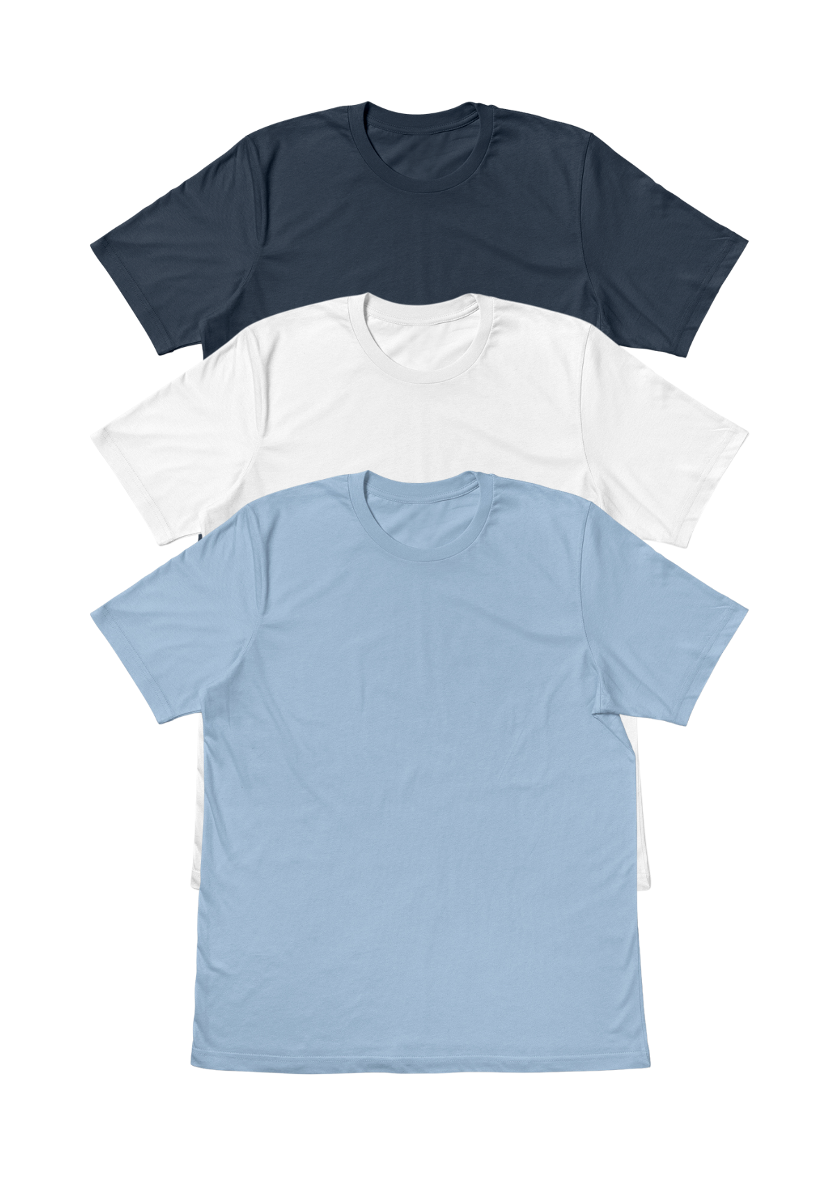 Three short-sleeve crewneck t-shirts stacked in a diagonal arrangement on a white background, shown in indigo, white, and light blue.