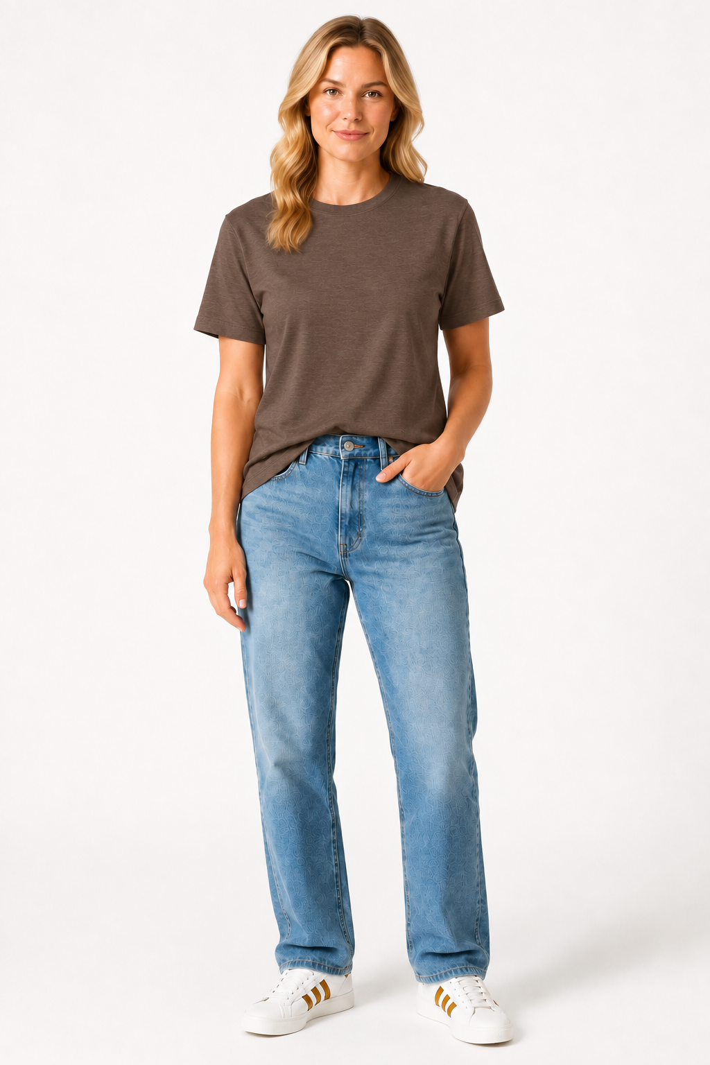 A woman modeling an espresso brown short-sleeve crewneck t-shirt and light wash blue jeans with white sneakers, standing against a plain white studio background.