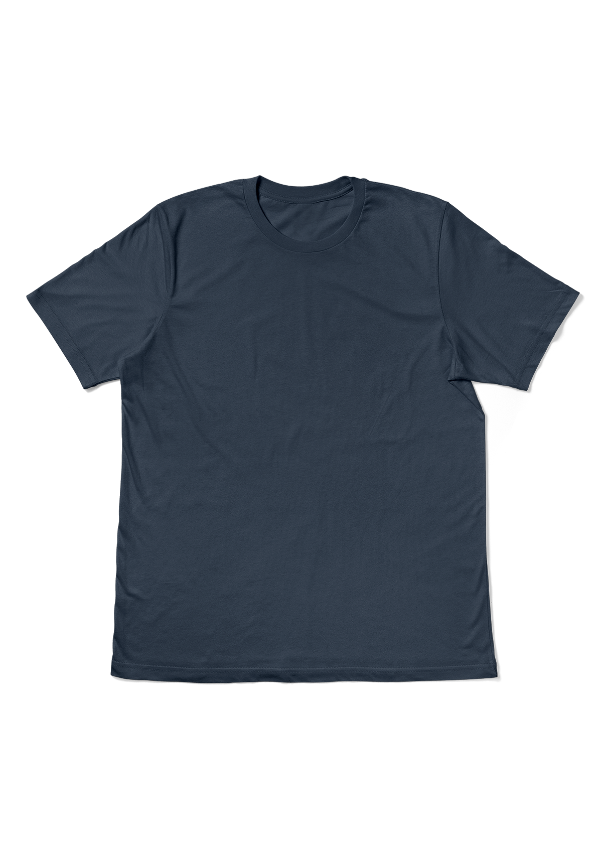 A indigo blue short-sleeve crewneck t-shirt laid flat against a solid white background.