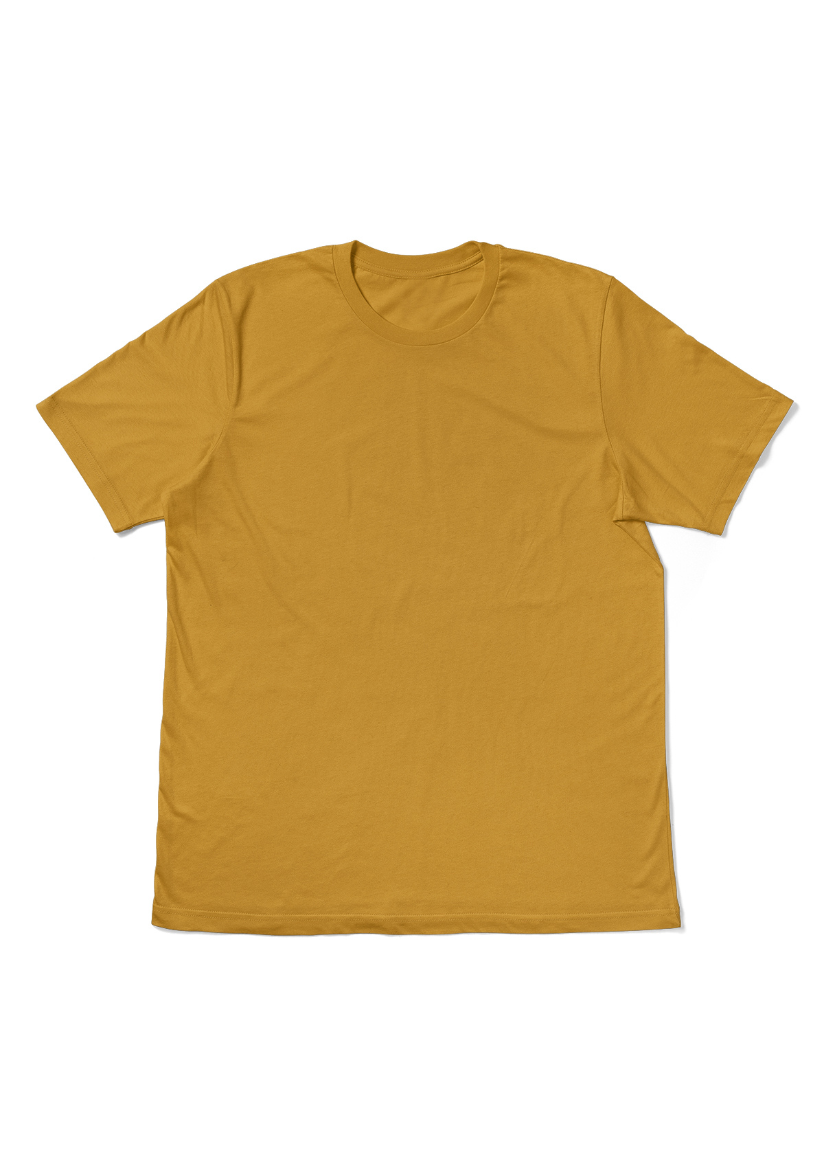 A plain short-sleeve crewneck t-shirt in a mustard yellow color, laid flat against a solid white background.
