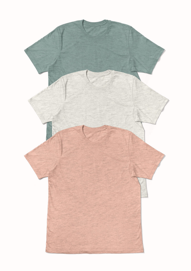 unisex prism t-shirt collection in dusty blue, natural white and peach from the perfect t-shirt company