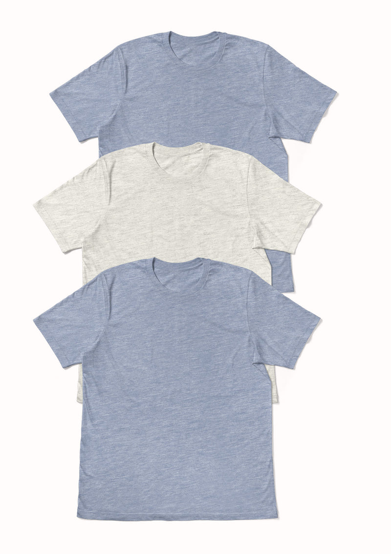 3 pack of unisex short sleeve crew neck t-shirts in prism blue and natural white from the perfect t-shirt company