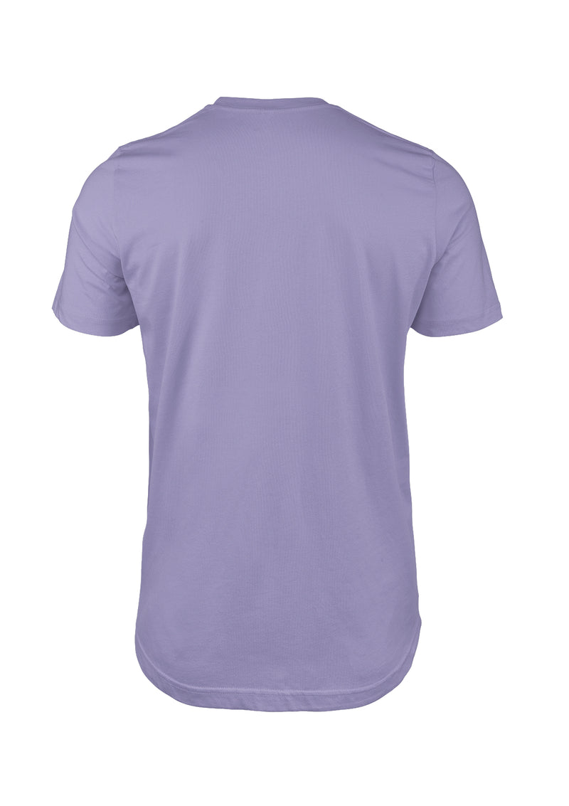 3D back view of dark lavender purple short sleeve crew neck men's t-shirt from Perfect TShirt Co.