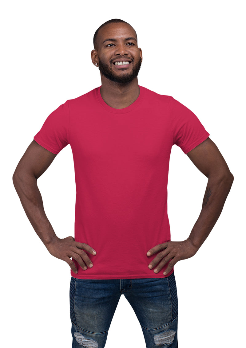 men modelling short sleeve crew neck fuchsia pink cotton t-shirt from Perfect TShirt Co 