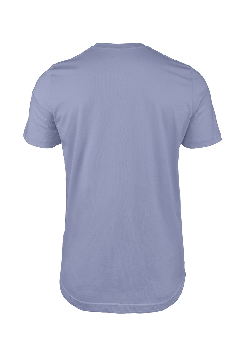 3D back view of short sleeve mens t-shirt in lavender blue cotton from the Perfect TShirt Co.