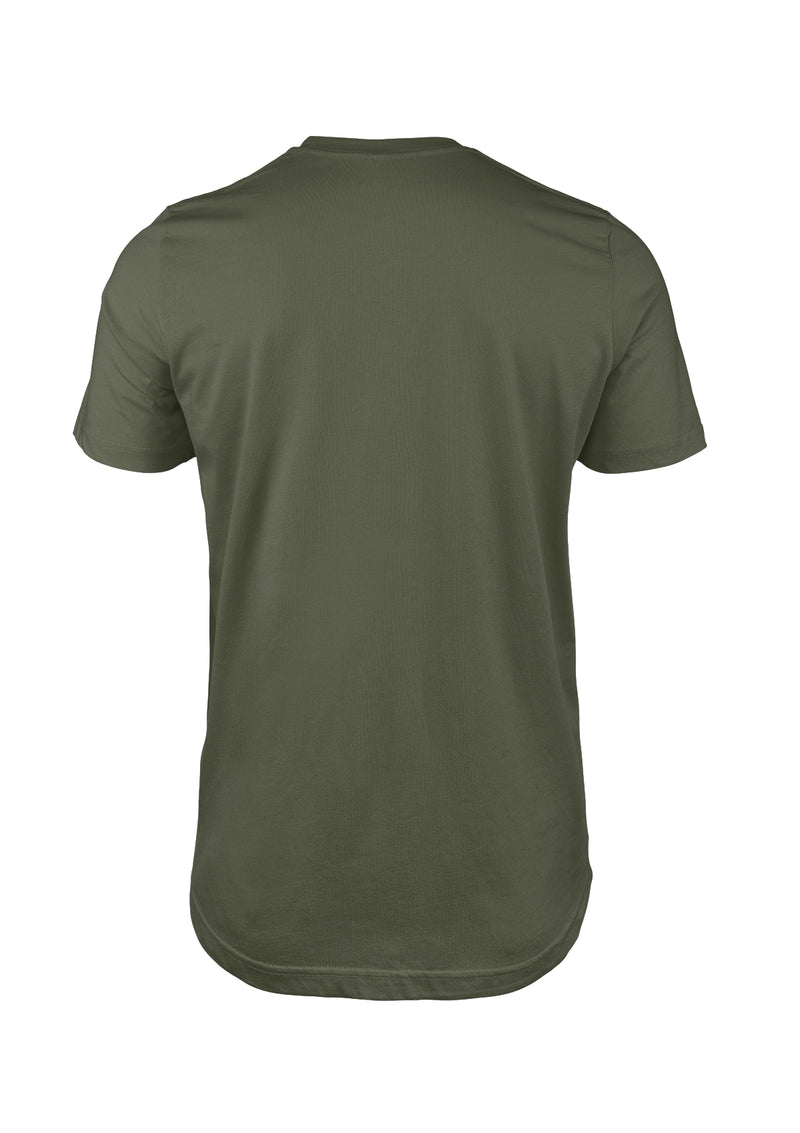 3D back view of short sleeve crew neck military green cotton t-shirt from Perfect TShirt Co 