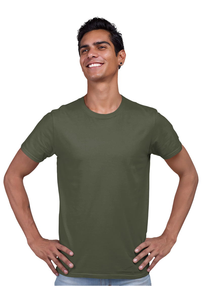 man modelling a s short sleeve crew neck military green cotton t-shirt from Perfect TShirt Co 