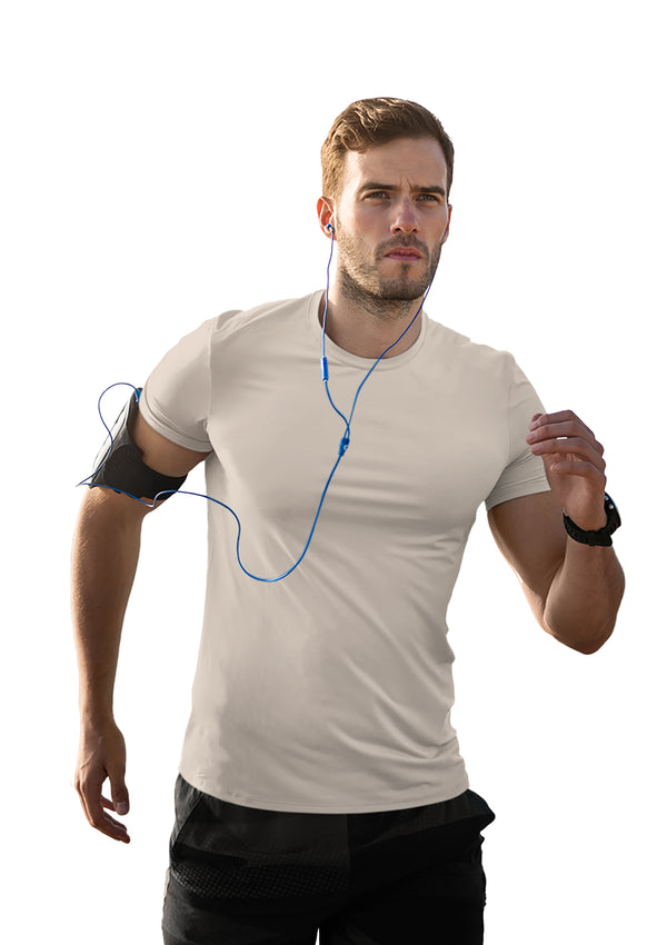 man running in a short sleeve crew neck t-shirt in mocha white cotton