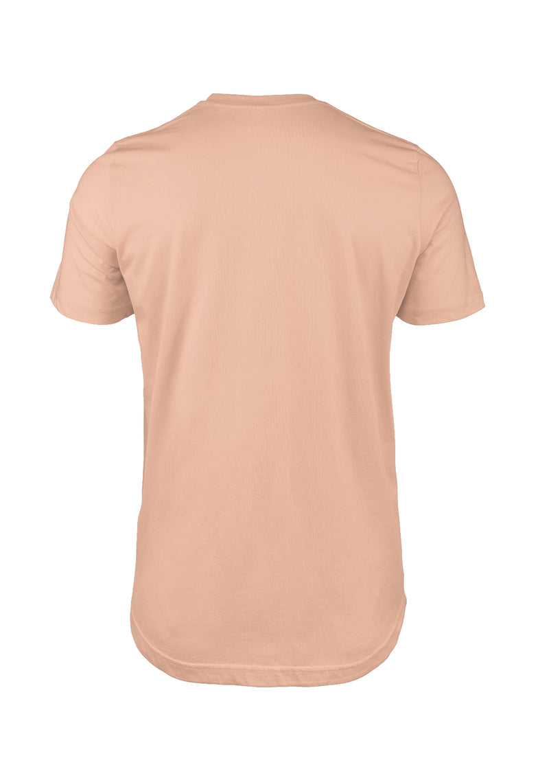 3D back view of mens short sleeve crew neck t-shirt in peachy orange cotton from Perfect TShirt Co.