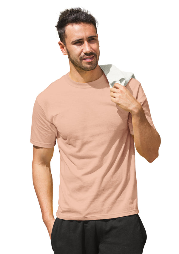 man modelling a  short sleeve crew neck t-shirt in peachy orange cotton from Perfect TShirt Co.