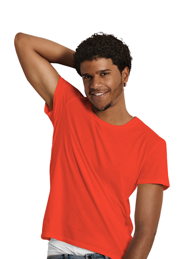 man modelling a short sleeve crew neck t-shirt in poppy red cotton from the Perfect TShirt Co.