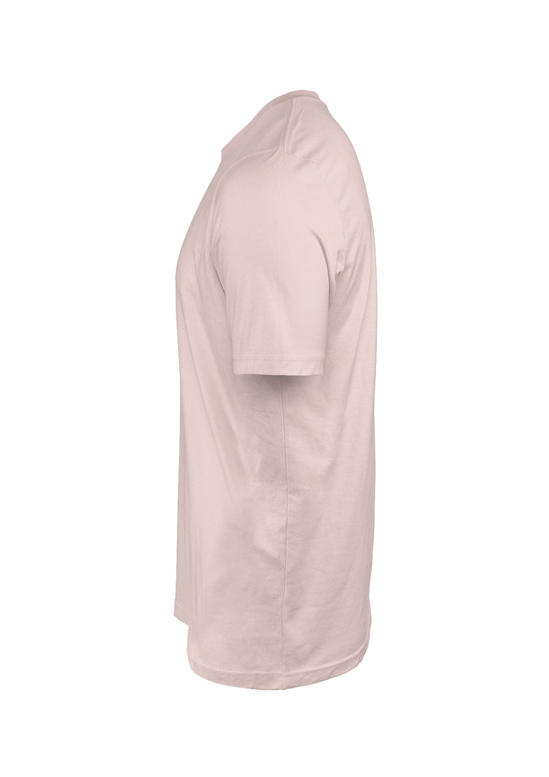 3D left side view mens short sleeve crew neck t-shirt in powder pink cotton from the Perfect TShirt Co.