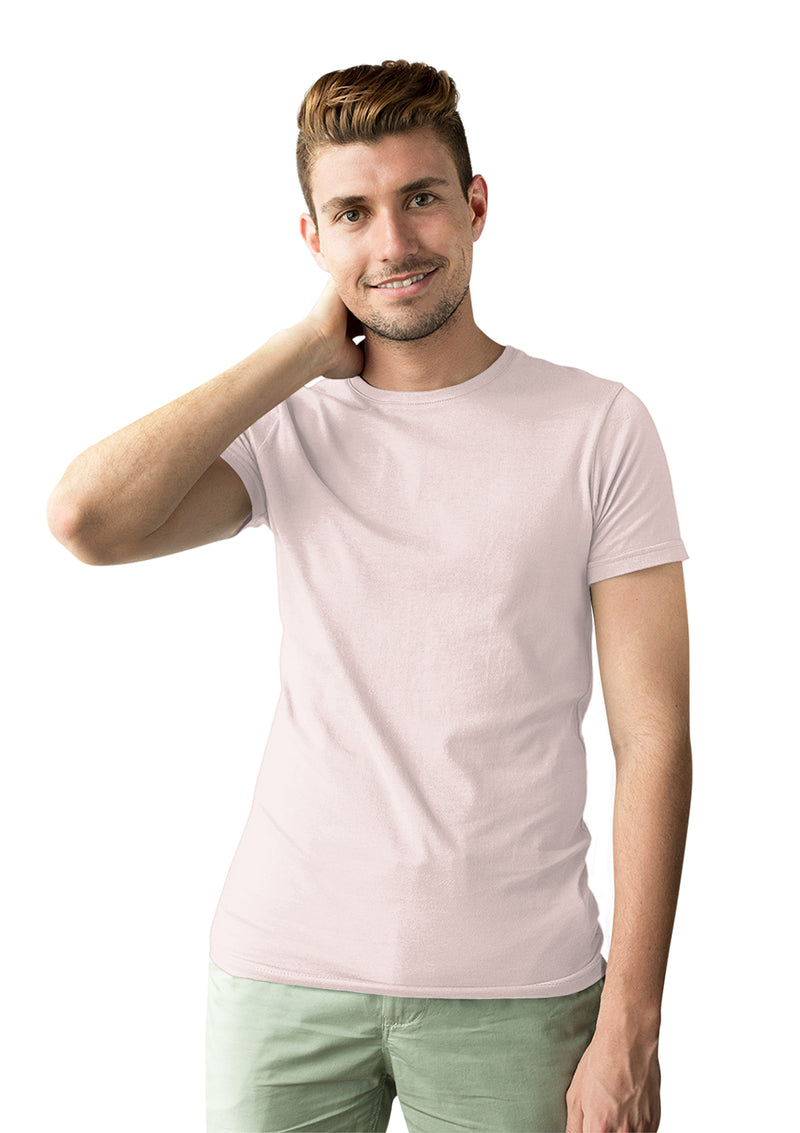 man modelling a short sleeve crew neck t-shirt in powder pink cotton from the Perfect TShirt Co.