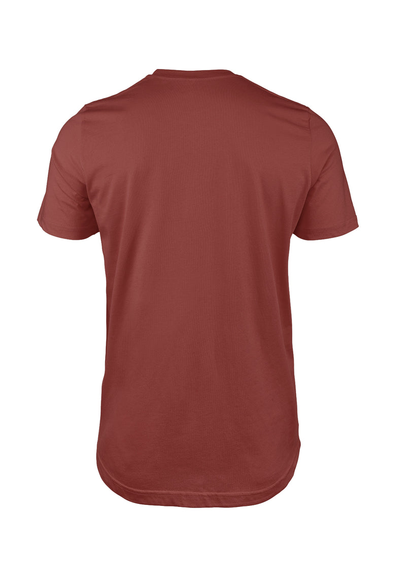 3D back view of short sleeve crew neck mens t-shirt in rust brown cotton from the Perfect TShirt Co